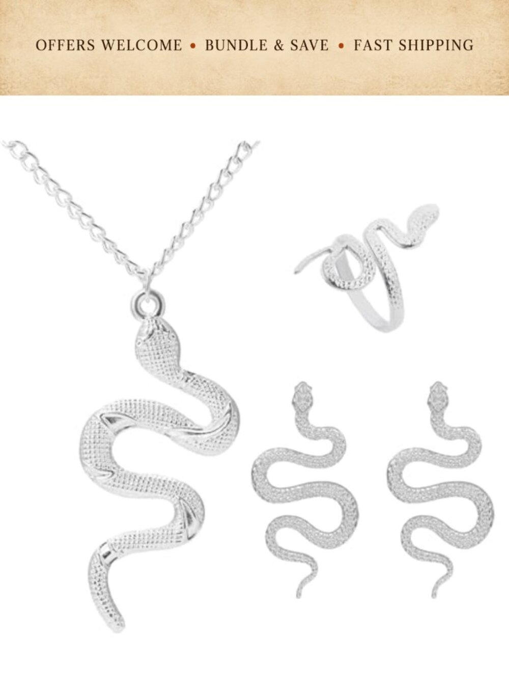 Punk Snake Jewelry Set Gold Pendant Necklace Drop Earrings Twist Ring Gothic